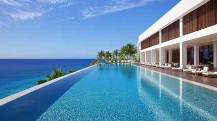 Fototapeta premium Luxury oceanside resort featuring an infinity pool overlooking vast blue waters, palm trees, and modern architecture under a clear sky, perfect for a tropical getaway.