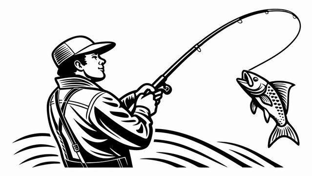 black and white fisherman catching fish clip art preview