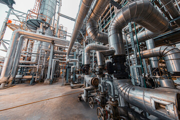 Fototapeta premium Oil​ refinery​ and​ plant and tower column of Petrochemistry industry Refinery plant equipment for pump pipeline oil and gas valves