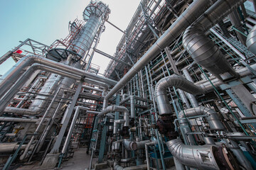 Fototapeta premium Oil​ refinery​ and​ plant and tower column of Petrochemistry industry Refinery plant equipment for pump pipeline oil and gas valves