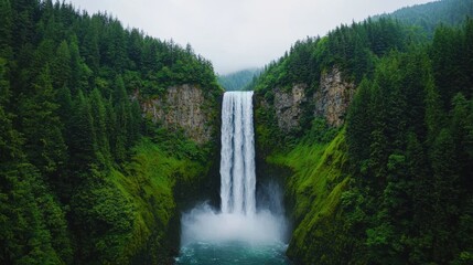 Fototapeta premium Majestic waterfall cascading through lush green forested cliffs, enveloped in mist, showcasing nature's raw beauty and tranquility in a serene, untouched wilderness setting.