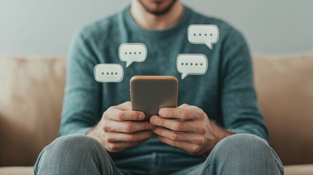 Man using smartphone on couch with virtual chat bubbles floating above. Concept of communication and social media messaging in modern lifestyle.