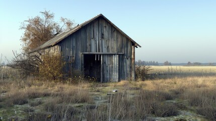 Obraz premium Rustic wooden barn in a grassy field during sunrise with light blue sky and hints of autumn foliage on the left side and worn texture throughout.
