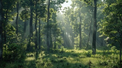 Obraz premium Lush green forest with sunlight filtering through tall trees creating a serene atmosphere featuring vibrant foliage and gentle grass undergrowth.
