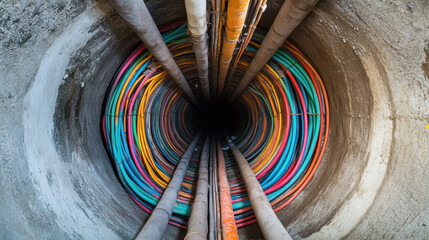 View of a deep, cylindrical shaft showcasing various colorful electrical cables neatly arranged in an underground setting