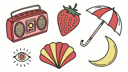 Retro Summer Vibes Hand-Drawn Radio, Strawberry, Umbrella, Seashell, Eye, and Moon for Nostalgic Designs and Illustrations