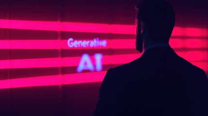 Silhouette of man standing before neon sign showcasing generative AI concept, highlighting modern technological innovation and futuristic design.