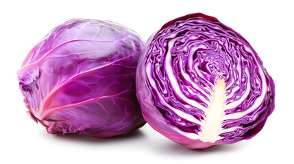 Fresh purple cabbage whole and sliced on white background