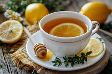 Warm herbal tea with lemon and honey on a rustic table surrounded by fresh lemons and herbs