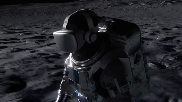 Astronaut explores lunar surface with virtual reality gear during simulated mission to enhance space experience