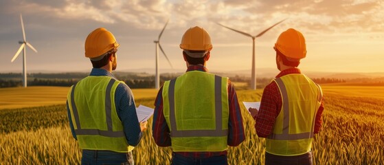 Three engineers in protective gear observe wind turbines at sunset, evaluating renewable energy solutions in an open field.