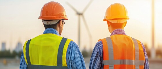 Two construction workers wearing safety gear observe a wind turbine at sunset, symbolizing renewable energy efforts and industrial development.
