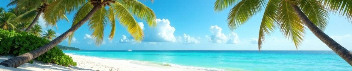 Fototapeta premium Slender palm trees sway gently on a pristine beach, turquoise ocean in the background , nature, palm trees