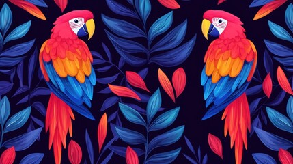 Obraz premium Vibrant parrot illustration with colorful feathers and lush leaves, showcasing tropical beauty and exotic wildlife in bold hues on a dark background.