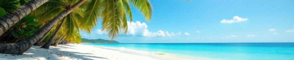 Fototapeta premium Slender palm trees sway gently on a pristine beach, turquoise ocean in the background , vacation, bright, sunshine
