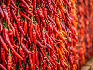 Vibrant Wall of Dried Red Chili Peppers - Spicy Food Background