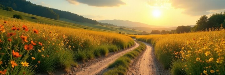 Fototapeta premium Sun-drenched dirt road winds through vibrant wildflowers, rural landscape , image, serene, clouds