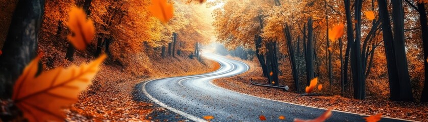 Naklejka premium Winding highway through a vibrant autumn forest, with colorful leaves gracefully falling to the ground.