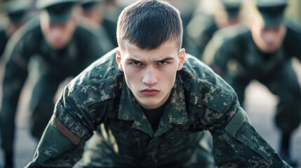 Young caucasian male soldier performing push-ups in military training