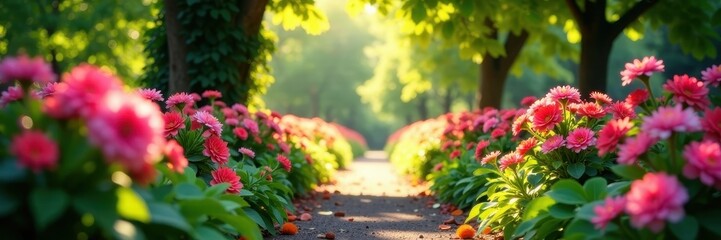Vibrant blooms, lush foliage, sun-dappled paths, idyllic, trees, vibrant