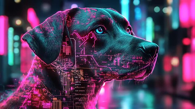 A digital artwork featuring a dog's head with neon circuit patterns in a futuristic setting.
