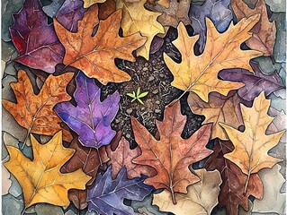 Abstract nature scene colorful leaves amidst environmental change and pollution ground level viewpoint