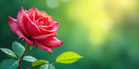 Obraz premium Watercolor clipart, red rose, morning dew, green leaves, design, plant