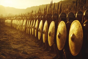 Ancient Army Formation: A vast formation of soldiers in historical attire, shields aligned, and spears poised against the warm golden light of dawn or dusk, evokes feelings of courage, power.