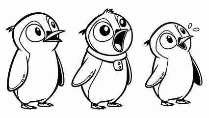 Cartoon Penguins Expressing Different Emotions in Simple Black and White Line Art