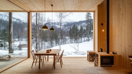 Cozy Wooden Cabin Interior with Winter Mountain View and Dining Table
