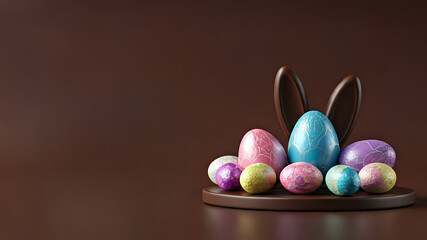 Chocolate Easter Eggs and Easter bunnies or rabbits with space for text and copy. Easter social media posts Facebook, Instagram, TikTok, X