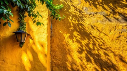 Vibrant Yellow Mexican Colonial Wall with Lush Green Foliage - Stock Photo