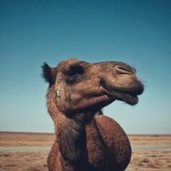 
The face of a tamed camel in the desert