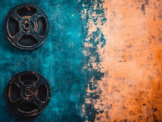 Obraz premium Two vintage film reels on a textured background.