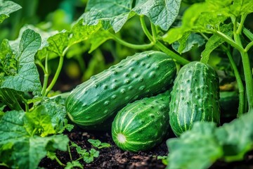 A close-up showcasing fresh green cucumbers growing among lush leaves in a garden, highlighting organic produce and healthy eating with vibrant colors in natural light