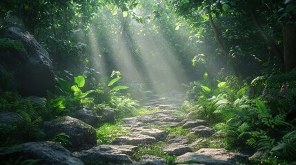 Obraz premium Sunlight filters through verdant leaves onto a charming stone path amidst an enchanting forest, casting dappled shadows and highlighting each rock with warmth
