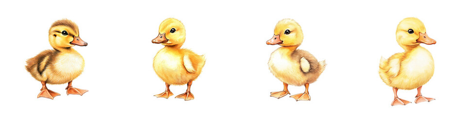 Fototapeta premium Four adorable ducklings stand in row, each with fluffy yellow feathers and small orange beaks, showcasing their cute and curious nature