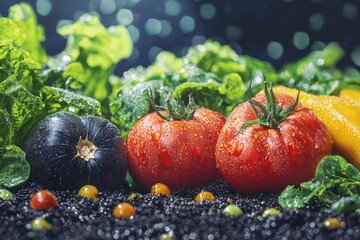 Fresh garden vegetables glistening with water droplets, a vibrant array of healthy produce, including tomatoes, zucchini, bell pepper and lettuce, creating a visually appealing still life.