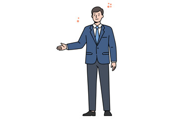 Host Man Suit vectors, A charming male host in a suit is depicted in an outline-style illustration, engaging in presenting, talking, pointing, and discussing while reporting on television.