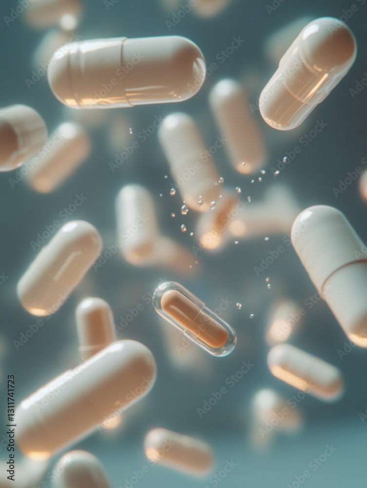 Poster Suspended capsules floating in zero gravity create a mesmerizing abstract medical theme with golden ratio aesthetics and soft shadows