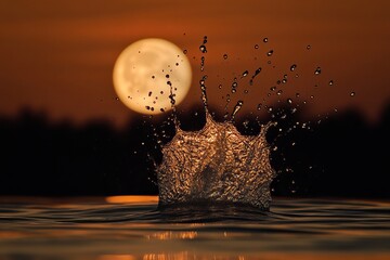 Stunning Water Drop Splash Sunset Moonlit Scene Golden Hour Photography Nature Image Beautiful Peaceful Tranquil Serene Dramatic Backlit Water        