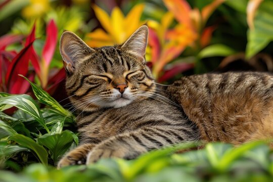 A serene tabby cat peacefully sleeps amongst vibrant, colorful flowers and lush green foliage, embodying relaxation and contentment in a natural setting.