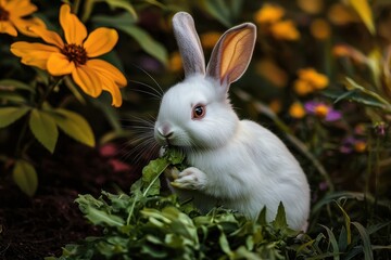 Obraz premium A delightful white rabbit with long ears, peacefully eating green leaves amidst vibrant flowers and lush foliage in a serene garden setting.