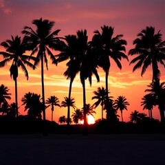  A striking silhouette of palm trees in front of a stunning sunset, creating a dramatic contrast with the colorful sky.