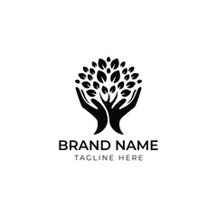 Obraz premium Green Growth Vector Logo Organic Tree and Hands Symbol