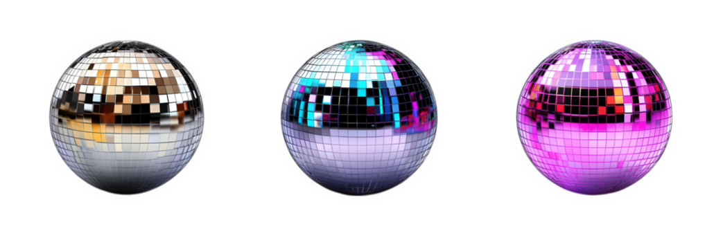 three shiny disco balls. each with a distinct color scheme and reflective surface they are arranged in a row against a white background. creating a vibrant and festive atmosphere these disco balls are - Powered by Adobe