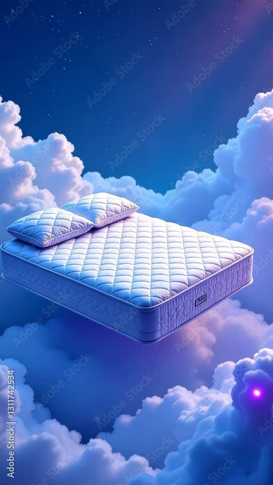 Poster a white bed is floating in the sky. there are two pillows on the bed