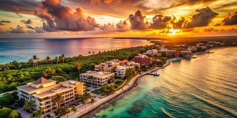 Fototapeta premium Vintage Aerial Sunset over Akumal Bay Luxury Buildings, Quintana Roo, Mexico