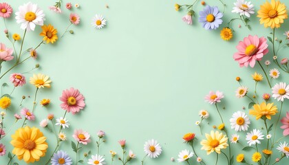 Colorful Daisies Arrangement on Mint Background for Spring or Summer