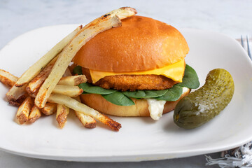 chicken patty  with  french fries and pickle